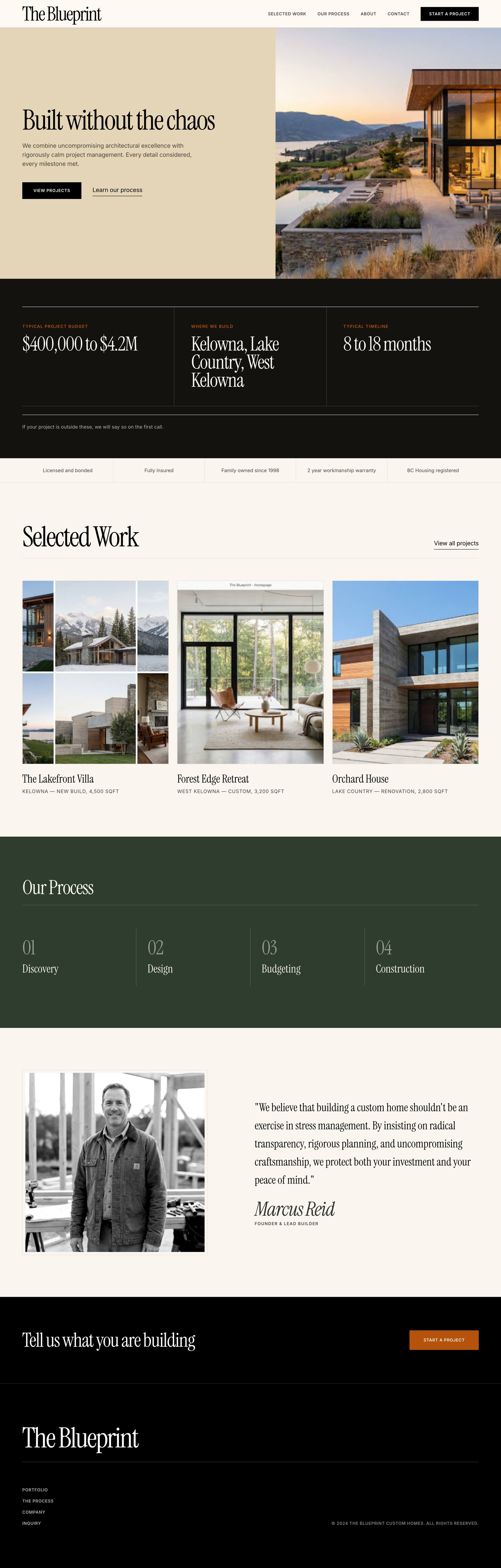 The Blueprint, a full homepage concept for custom homes and contracting
