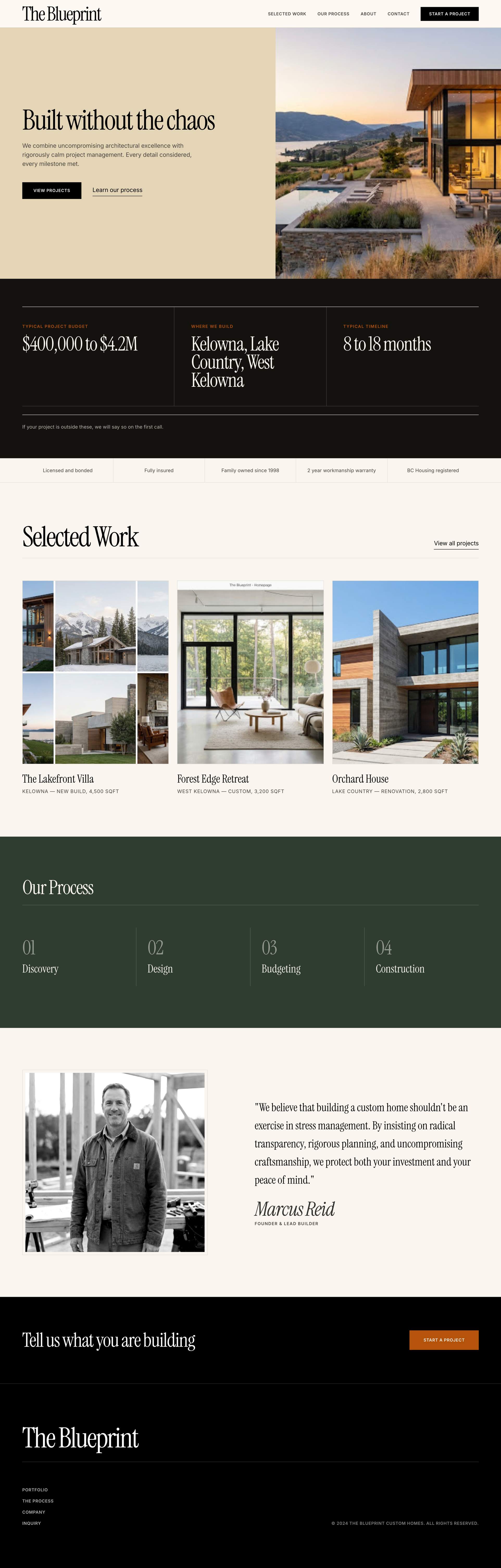 The Blueprint, a homepage concept for custom homes and contracting